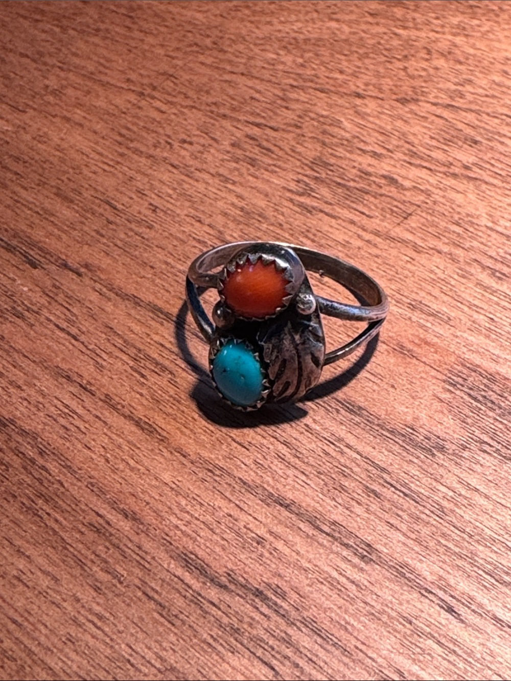 Vintage Navajo Sterling Coral and Turquoise Ring Size 6